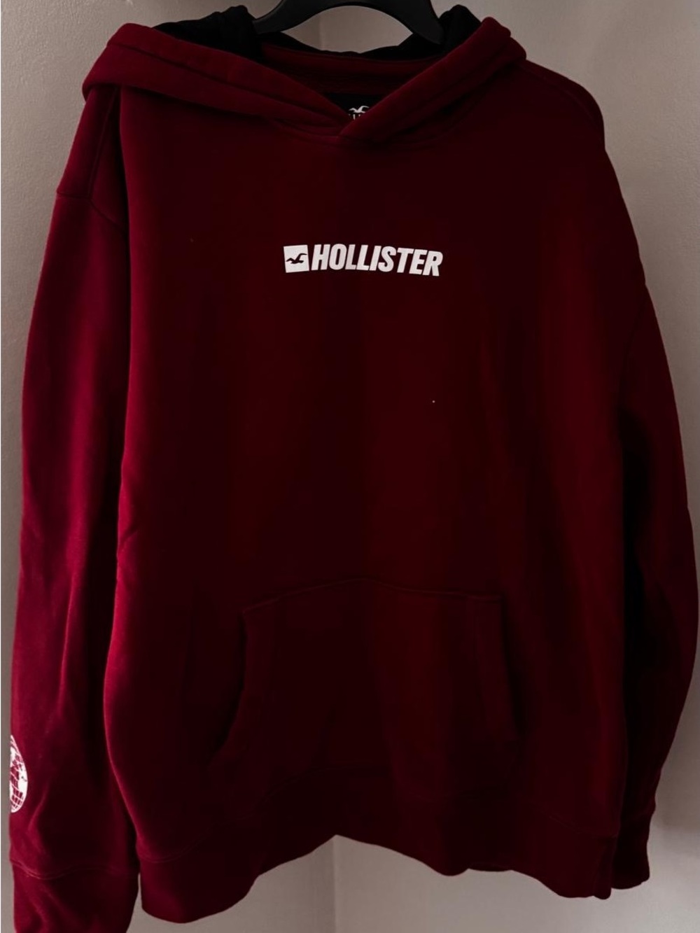 Hollister Men's Deep Red Pullover Hoodie with White Logo